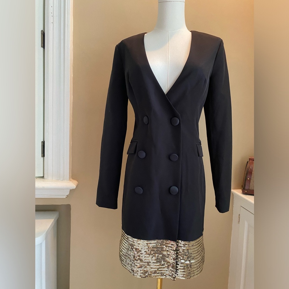 Laundry by Shelli Segal Double Breasted Black Blazer Dress with Gold Sequins - Picture 2 of 9